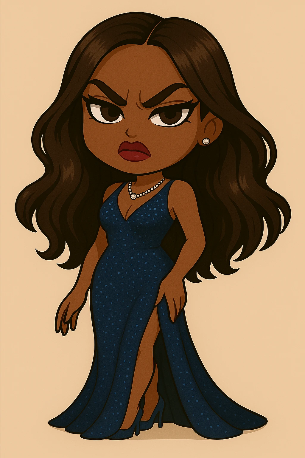 Change the expression to angry for a 20-year-old anime Bratz style woman with dark skin, dark hair, glamorous evening wear, big expressive eyes, and glossy lips. Maintain the anime Bratz style and the described features. emoji