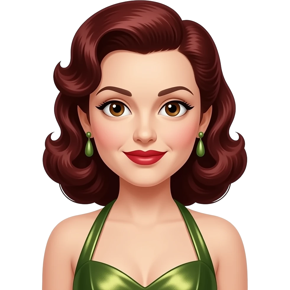 LaVerne Andrews from The Andrews Sisters with brown eyes, long dark red 40s victory roll hair, olive metallic halter dress, olive earrings emoji