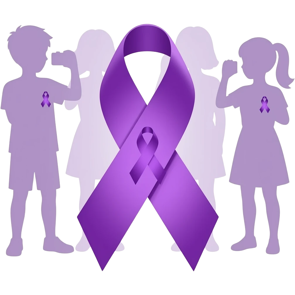 iOS-style emoji: group of human silhouettes (boys and girls) taking a photo, each wearing a small purple ribbon for fibromyalgia awareness, with one silhouette fully purple standing out, soft gradients, cute and minimal, transparent background emoji