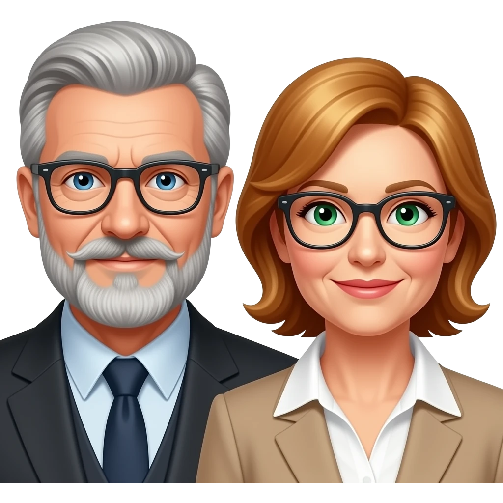 Emoji of a senior man  with blue eyes a beard mustash  wearing glasses with a mature lady  with reddish blonde hair glasses and green eyes emoji