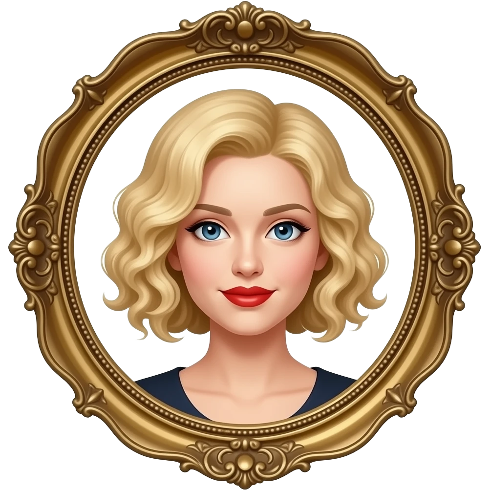 short blonde tight curly hair bob inside an antique frame in red lipstick emoji