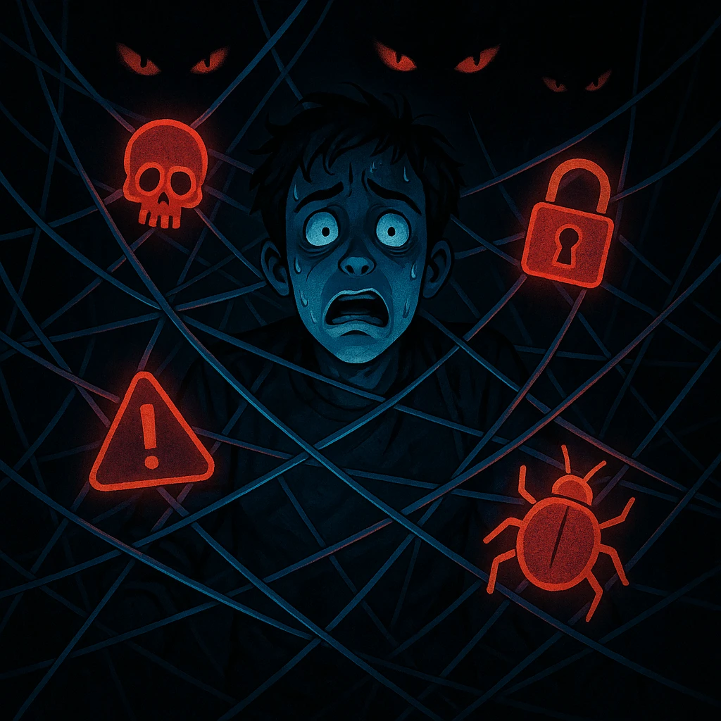 A frightened character trapped inside a web of wires and malware icons, with ominous eyes watching from the darkness, representing a cyber security nightmare. emoji