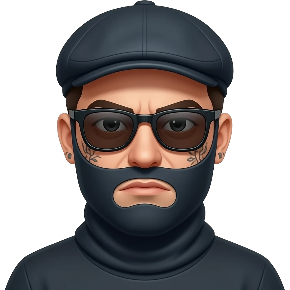 Crear un emoji de un vato con gorra plana con gafas oscuras, con tatuajes en la cara mal encarado y con pasamontañas puesto emoji