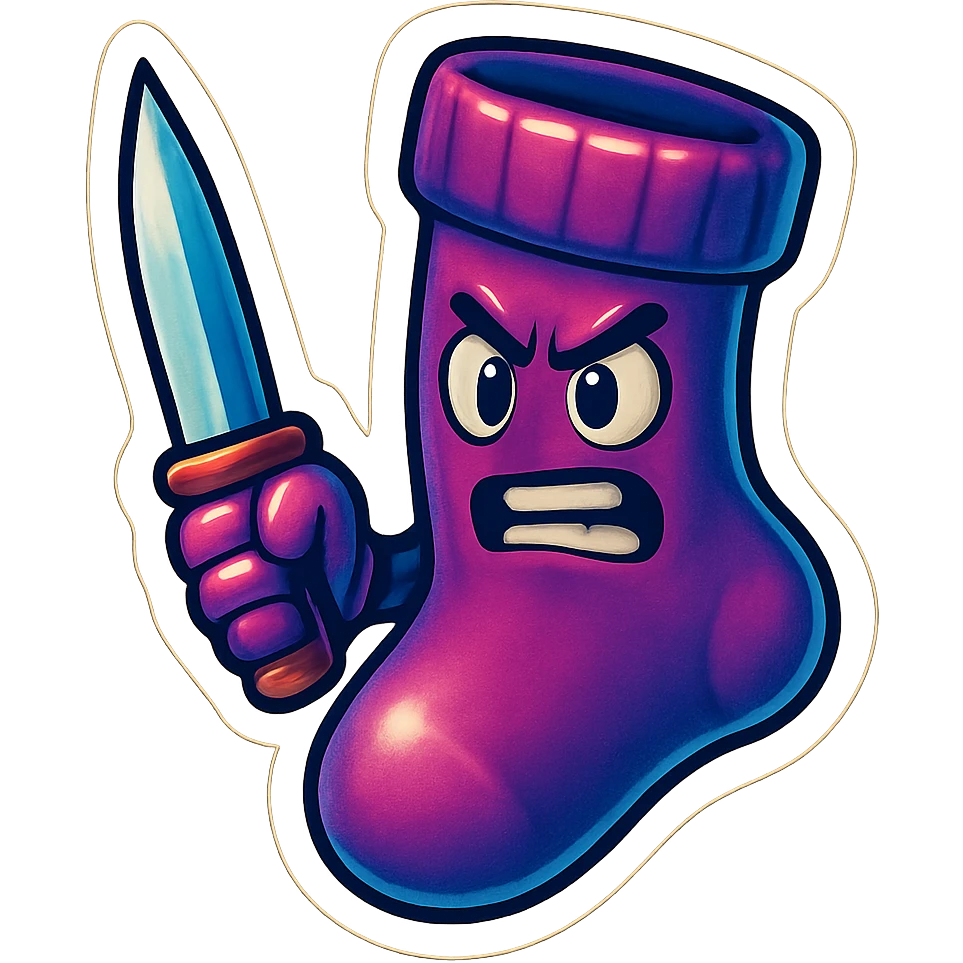 A purple sock with a clutch face, holding a knife, representing a clutch moment or intense gaming situation. emoji