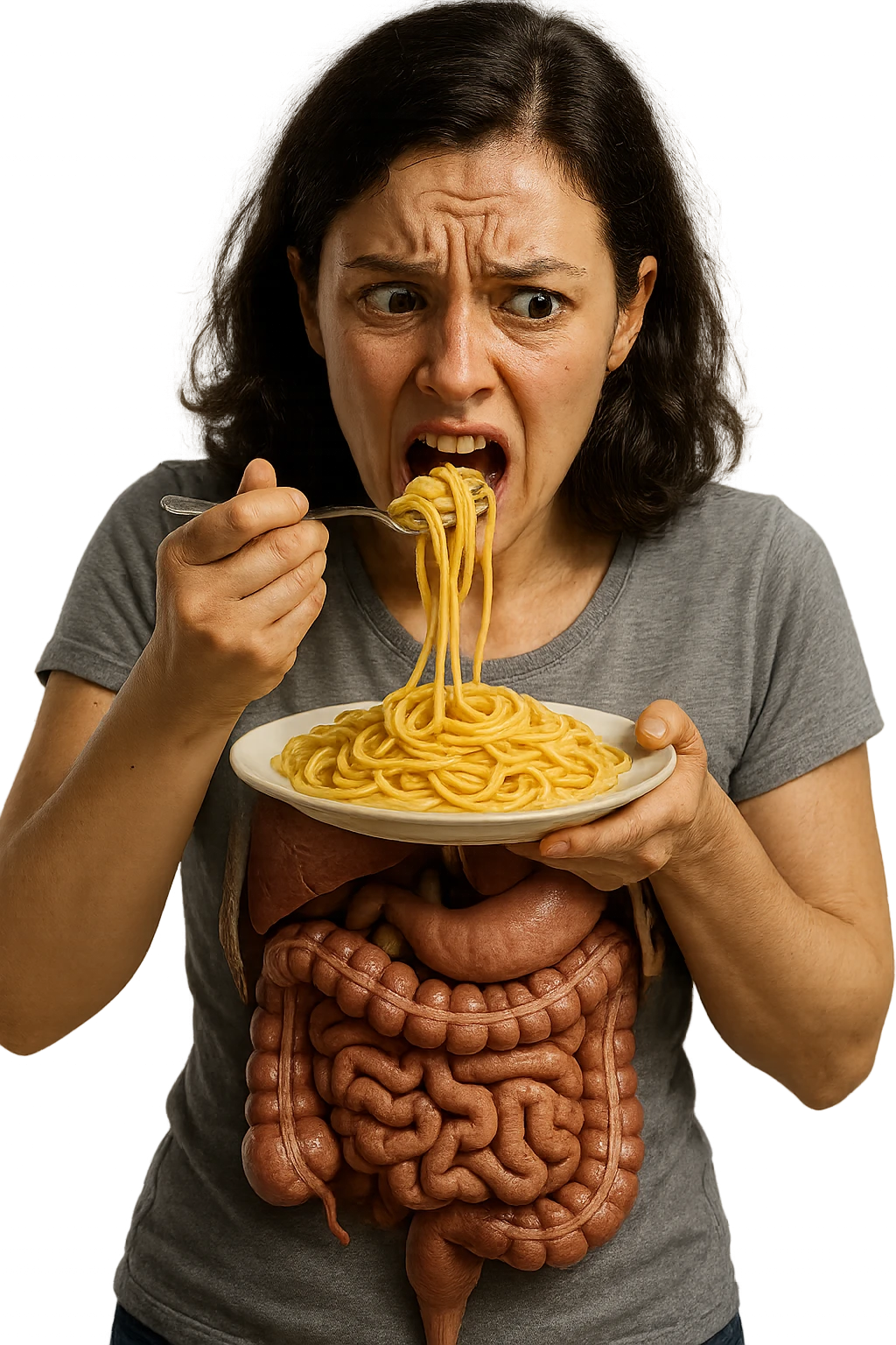 donna con  espressione ansiosa mentre mangia un piatto di pasta affamata, intestino anatomico visibile, iperrealistiche 4k emoji