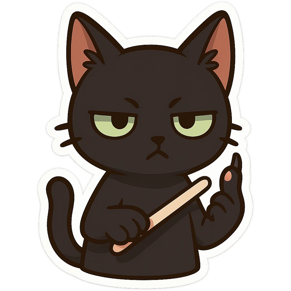 A black cat with an impatient expression, holding up its pinky finger and sharpening its claws with a nail knife emoji