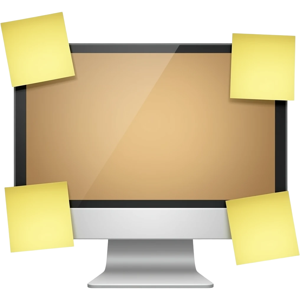 completely white computer monitor with 3 soft yellow colored sticky notes on the sides of it and a light brown background on the screen emoji