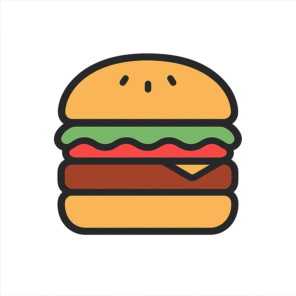 burger icon, color outline style, black outlines with subtle color fill, playful and friendly emoji