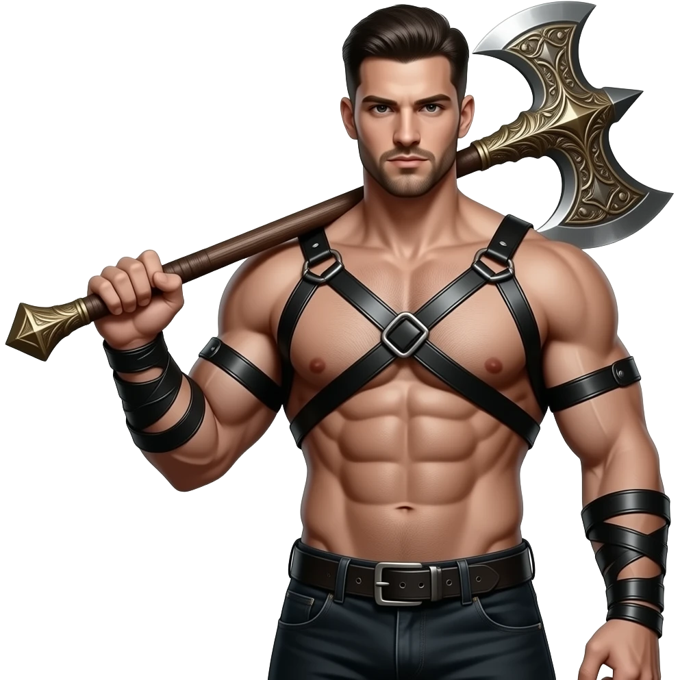 Sexy gothic strong man no shirt  leather straps with holding an axe emoji