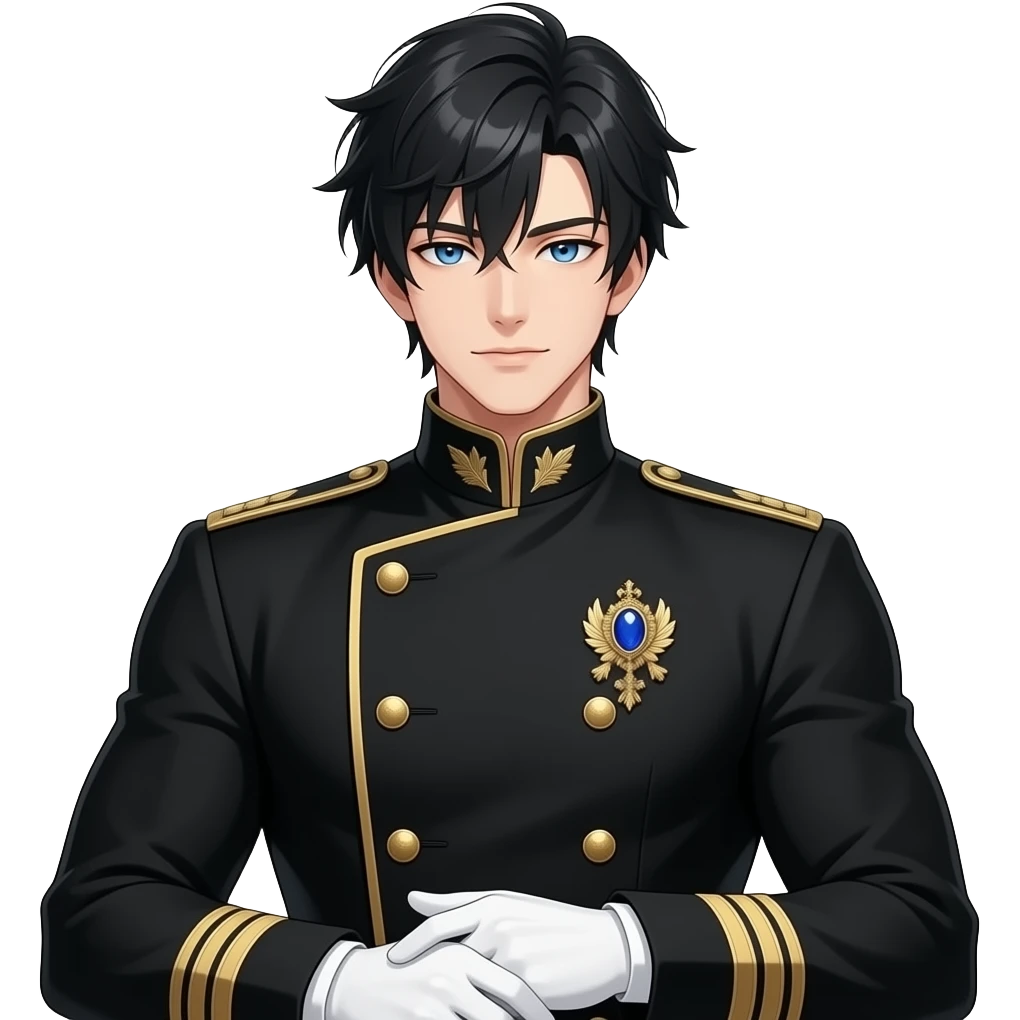 handsome anime noble who's muscular, jet black layered hair, piercing ocean-blue eyes, pale skin, and sharp aristocratic features, wearing a black navy high-collared military-style uniform with gold embroidery, gold-trimmed cuffs, gold-trimmed cuffs, and a gold epaulette with a blue gemstone brooch emoji