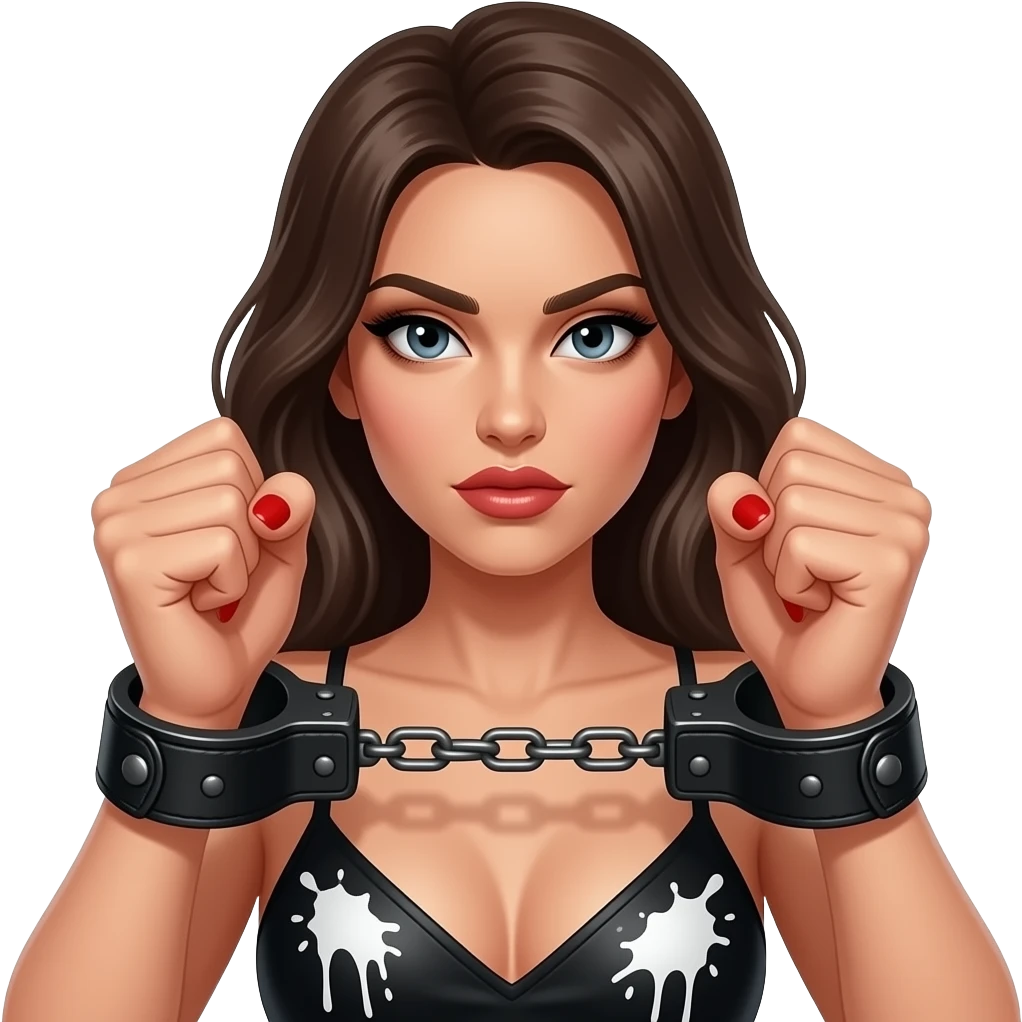 Sexy Woman’s clenched with long red nails behind back in black leather hand cuffs splattered in a lot ofwhite paint close-up emoji