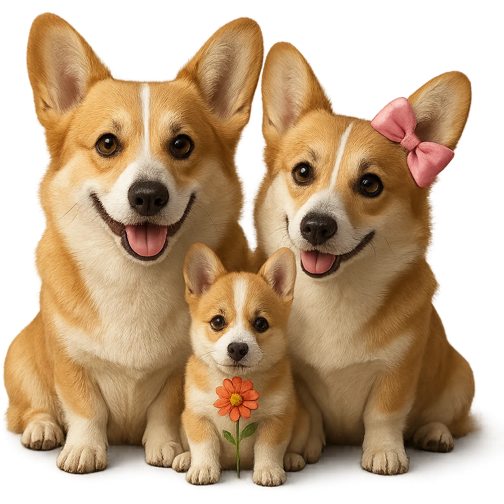Make the corgi family a little bit more realistic while keeping the style cute. Set the background to transparent. The original style is a cute illustration style, please maintain that look while enhancing realism. emoji