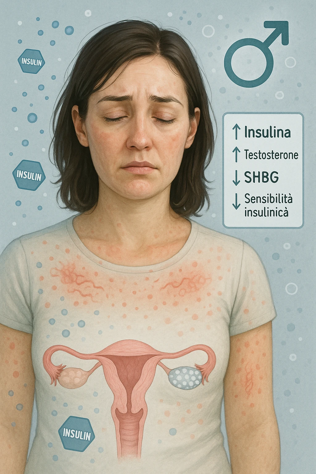 Donna tra i 25 e i 35 anni in primo piano, con espressione affaticata. Intorno al suo corpo appaiono in modo stilizzato e simbolico squilibri ormonali: molecole di insulina in eccesso fluttuano attorno, androgeni (testosterone) evidenziati sopra la testa, segnali visivi di infiammazione cronica lieve. Sopra le ovaie (visibili in trasparenza) compaiono piccole cisti multiple. Accanto a lei, un diagramma stilizzato mostra: '↑ Insulina', '↑ Testosterone', '↓ SHBG', '↓ Sensibilità insulinica'. L’atmosfera è scientifica, educativa ma empatica. Stile realistico con elementi infografici fluttuanti e colori freddi ma puliti. emoji