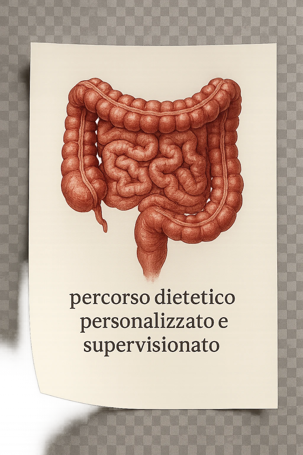 foglio di carta con intestino disegnato sopra e la scritta "percorso dietetico personalizzato e supervisionato", iperrealistico 4k emoji
