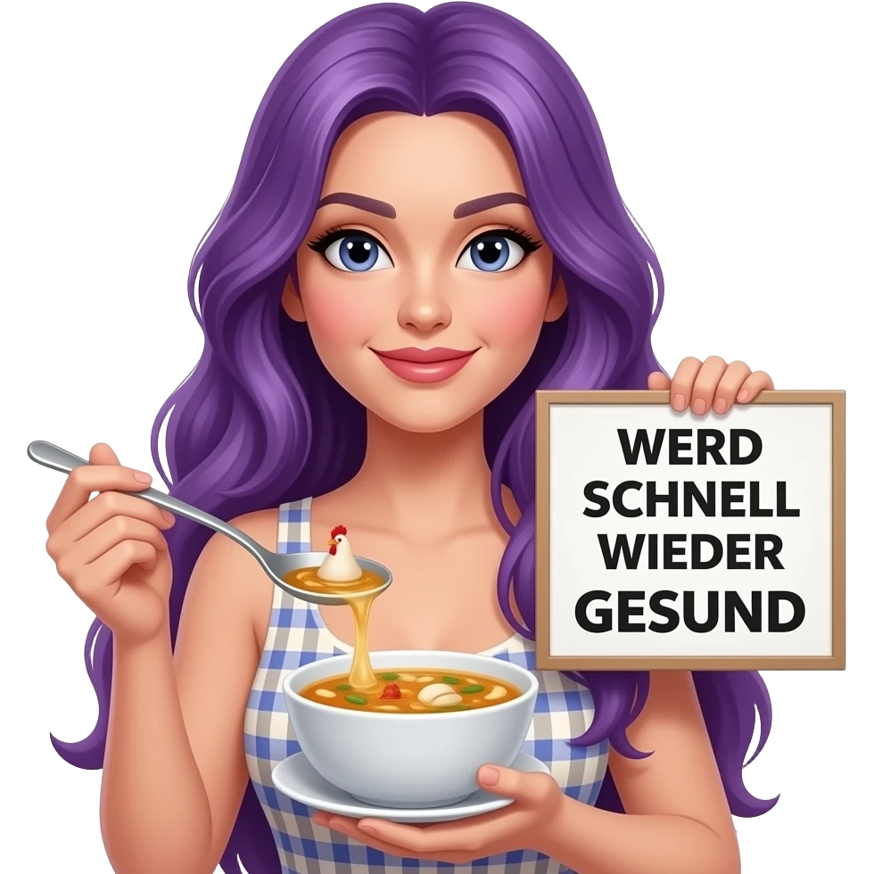 sexy girl with long purple hair holding a chicken soup and a WERD SCHNELL WIEDER GESUND sign emoji