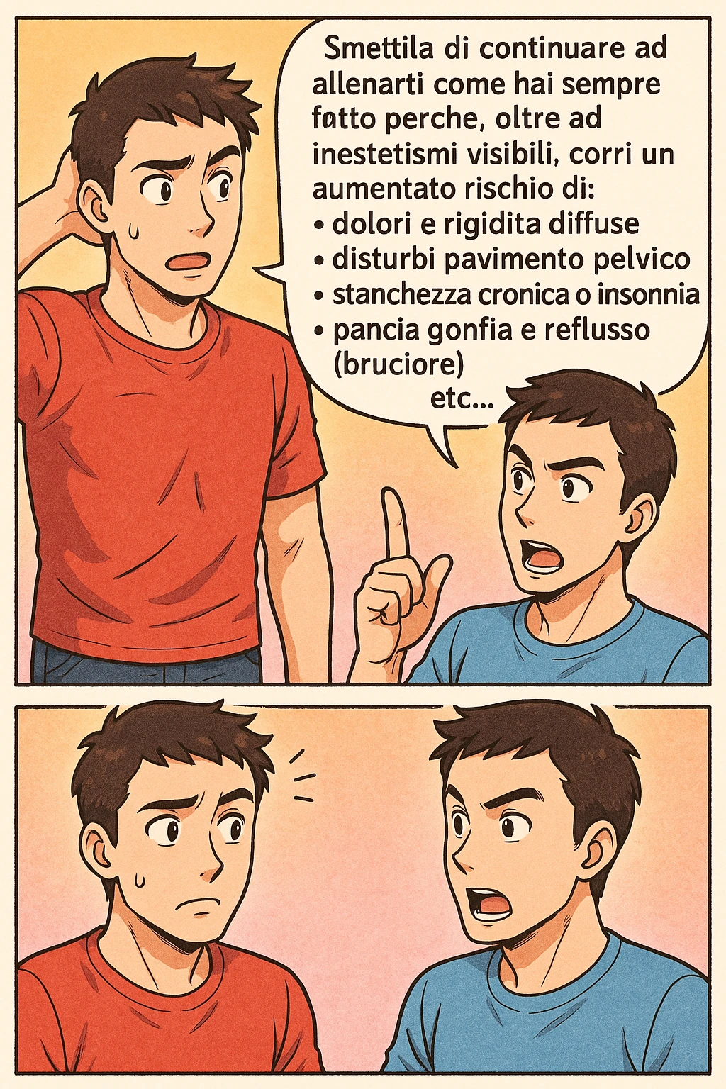 TRASFORMA QUESTO CAROSELLO IN UN FUMETTO STILE MANGA A COLORI CON QUESTE DUE PERSONE IDENTICHE CHE INTERLOQUISCONO TRA LORO:

LUI (UOMO): Smettila di continuare ad allenarti come hai sempre fatto perché, oltre ad inestetismi visibili, corri un aumentato rischio di:
    • dolori e rigidità diffuse
    • disturbi pavimento pelvico
    • stanchezza cronica o insonnia
    • pancia gonfia e reflusso (bruciore)
    • etc… emoji