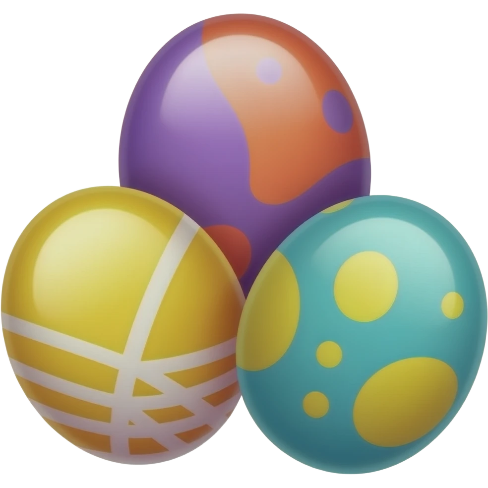 three colorful jelly beans, bright random colors and patterns, glossy texture, arranged in a small cluster, centered, 3D glossy emoji style, clean background emoji