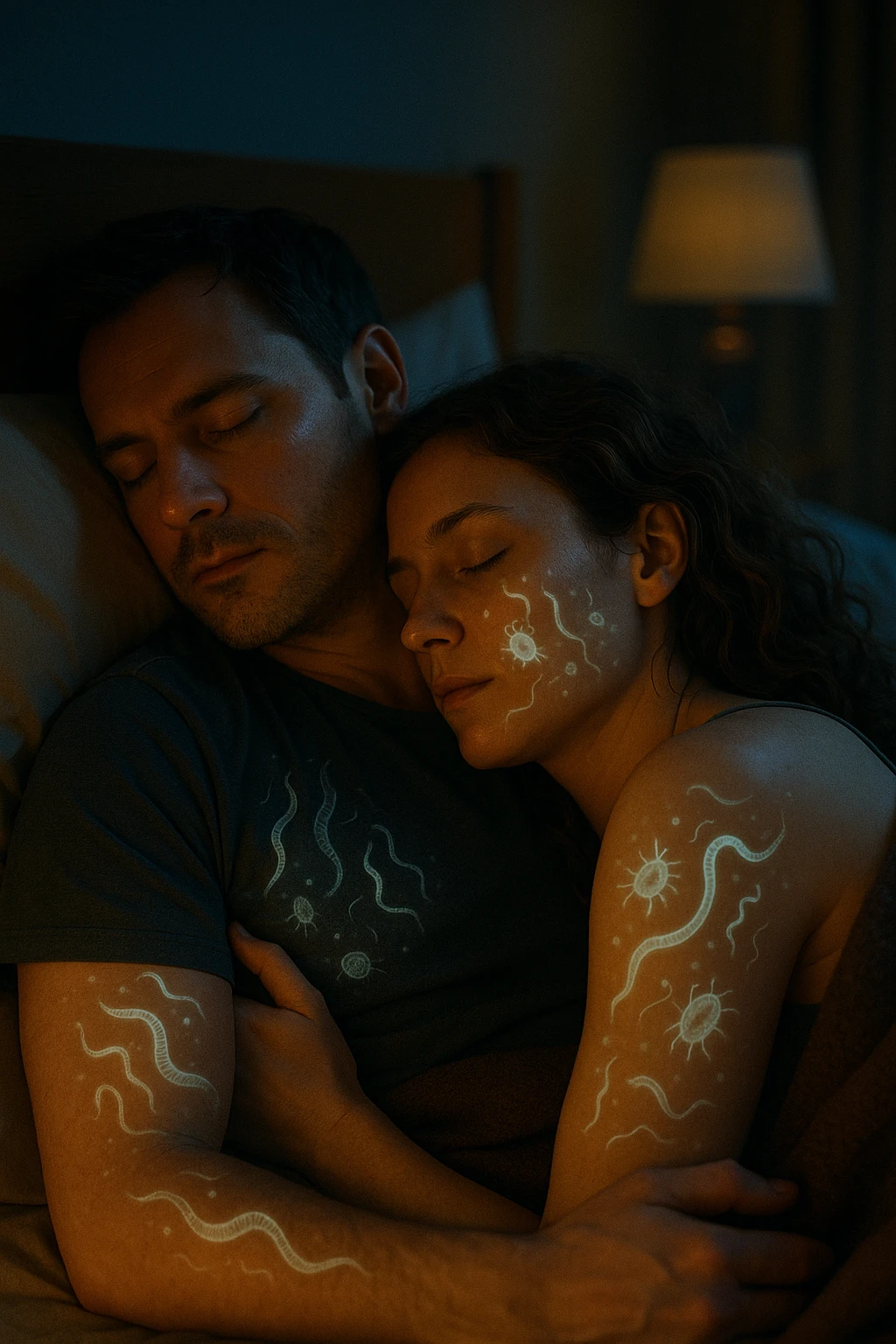 A hyper-realistic, cinematic image of a man and a woman sleeping together in the same bed under soft, dim night lighting, with their bodies close and touching. Their skin appears slightly illuminated where it touches, and under a subtle x-ray style overlay, faint ghostly silhouettes of microscopic parasites and worm-like organisms are visible crawling transdermally between their bodies, symbolizing silent, unnoticed parasite transmission during sleep. The environment is a cozy bedroom with warm tones, but the presence of the glowing parasites creates a slightly unsettling feeling, emphasizing the hidden danger. Their faces are calm, unaware, symbolizing the unconscious nature of the transmission. The image is detailed with a 35mm film hyperrealistic aesthetic, focusing sharply on the point of contact between their skin where the parasites pass, while the background remains softly blurred. The color palette uses muted warm browns and soft moonlight blues to maintain a nighttime, intimate feeling, contrasting with the translucent, glowing parasites to illustrate the hidden risk of transdermal parasite transmission while sharing a bed emoji