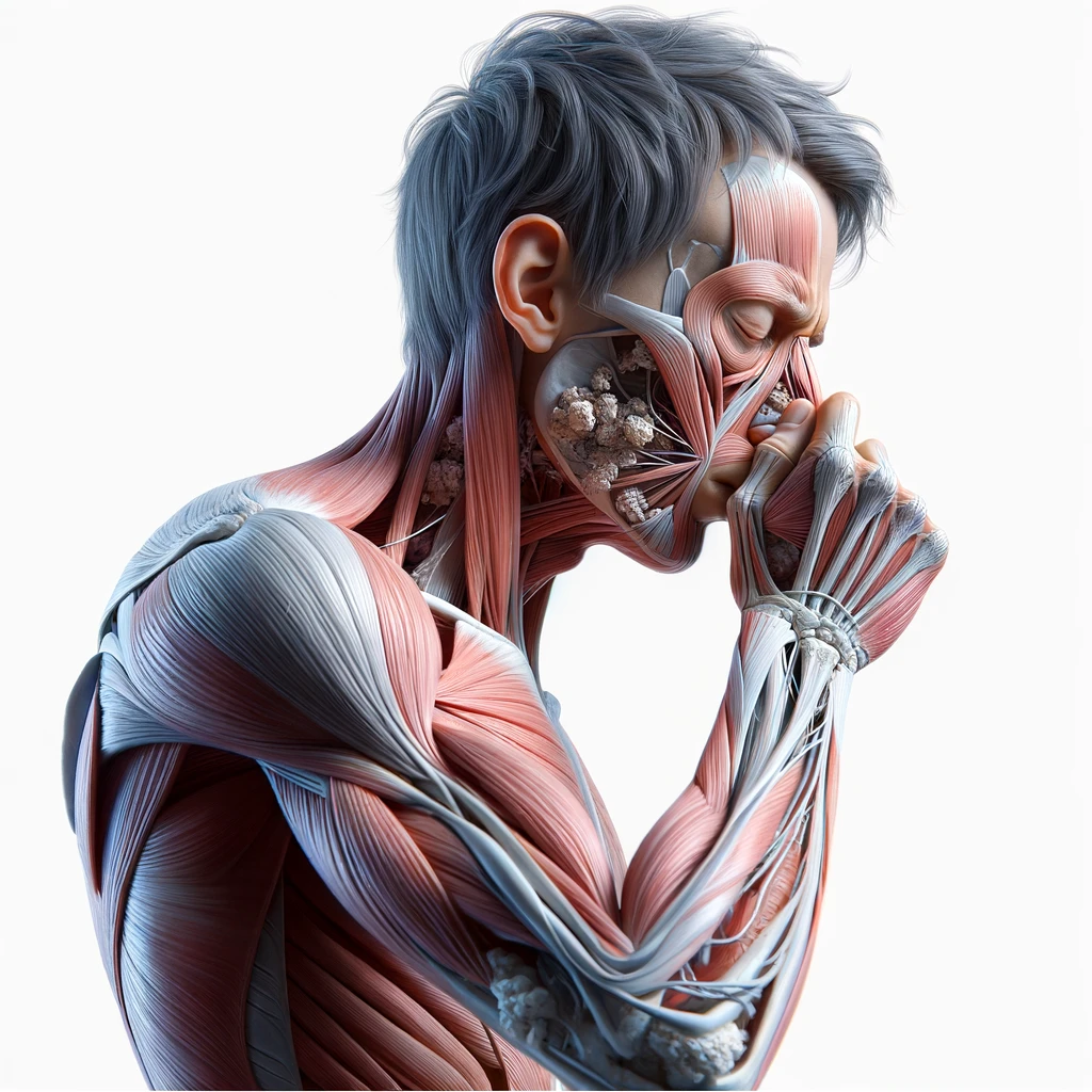 corpo umano anatomico che si soffia il naso perché ha il raffreddore, iperrealistico 4k, isolato su sfondo bianco emoji