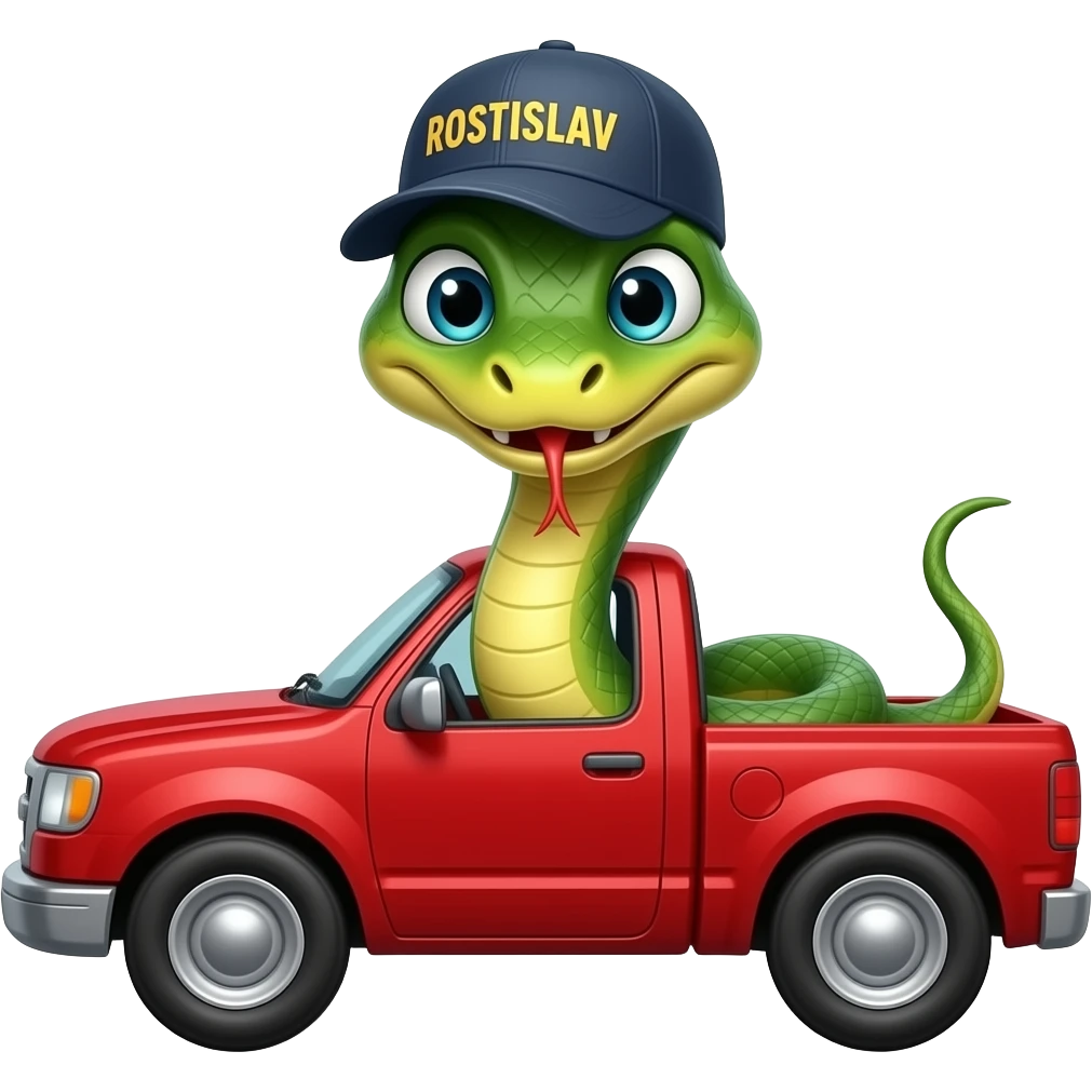 A snake wearing a cap with the inscription Rostislav sits in a red pickup truck. emoji