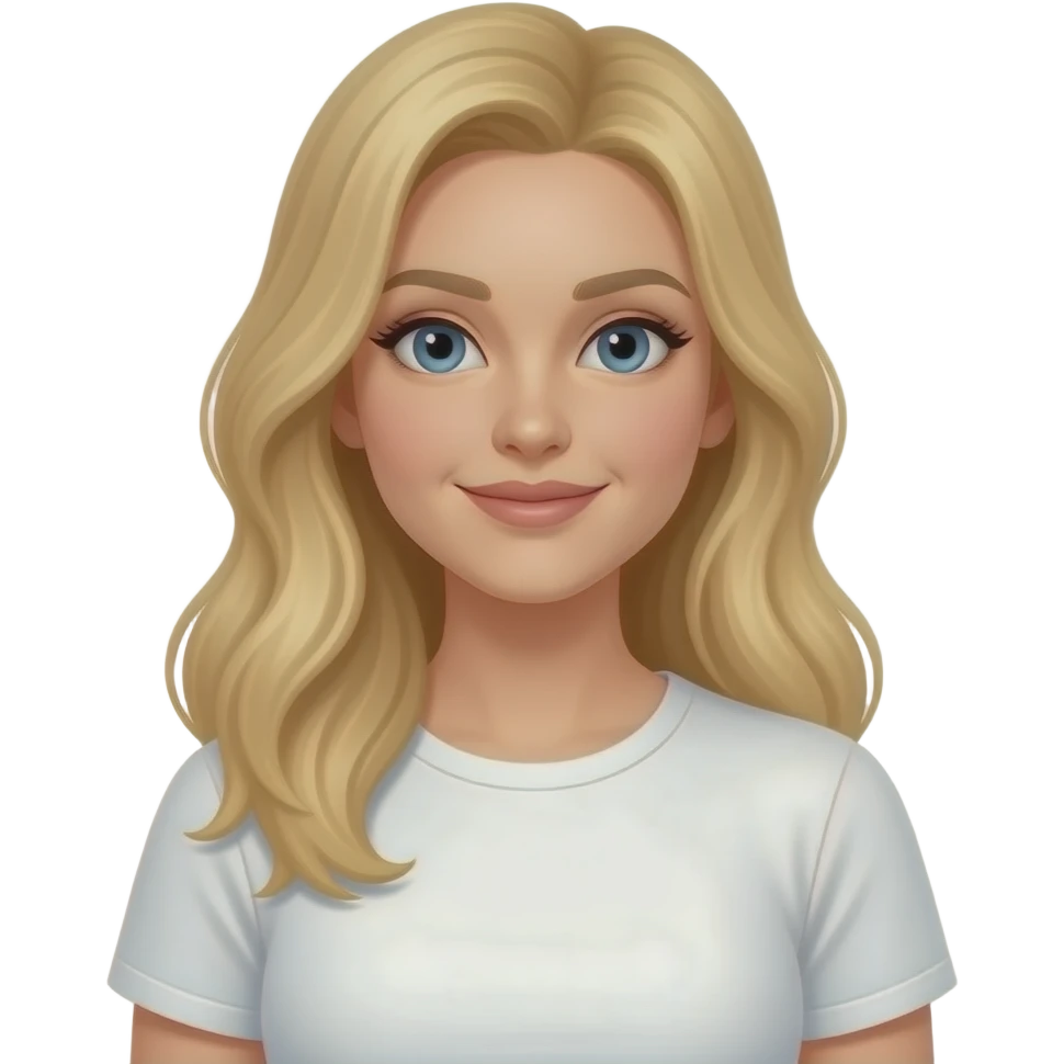 strawberry blonde fair skinned long hair woman in white tshirt looking at a portfolio emoji
