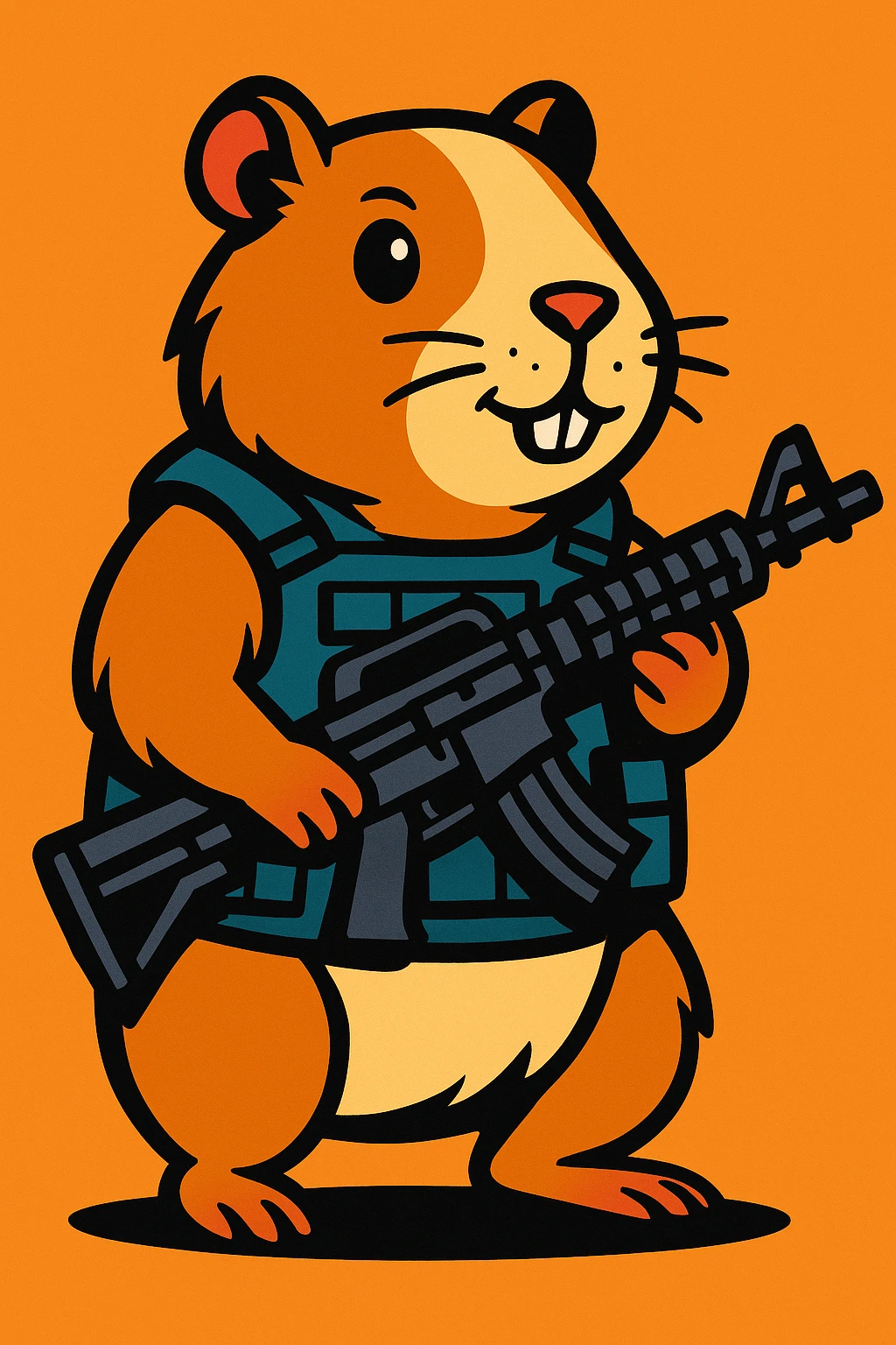 detailed cartoon of a guinea pig in tactical vest, holding a rifle, full body emoji