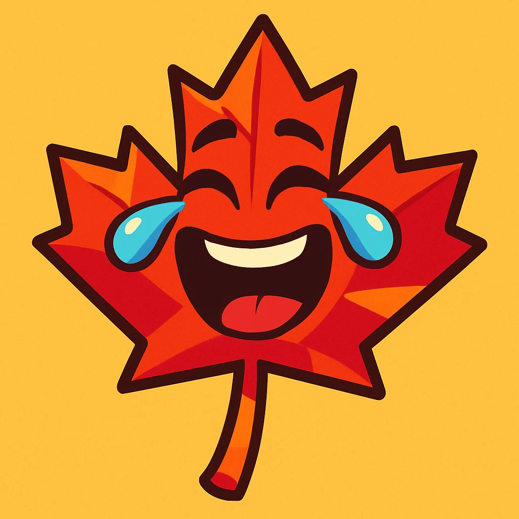 laughing maple leaf with tears coming out of eyes, vibrant toon style emoji