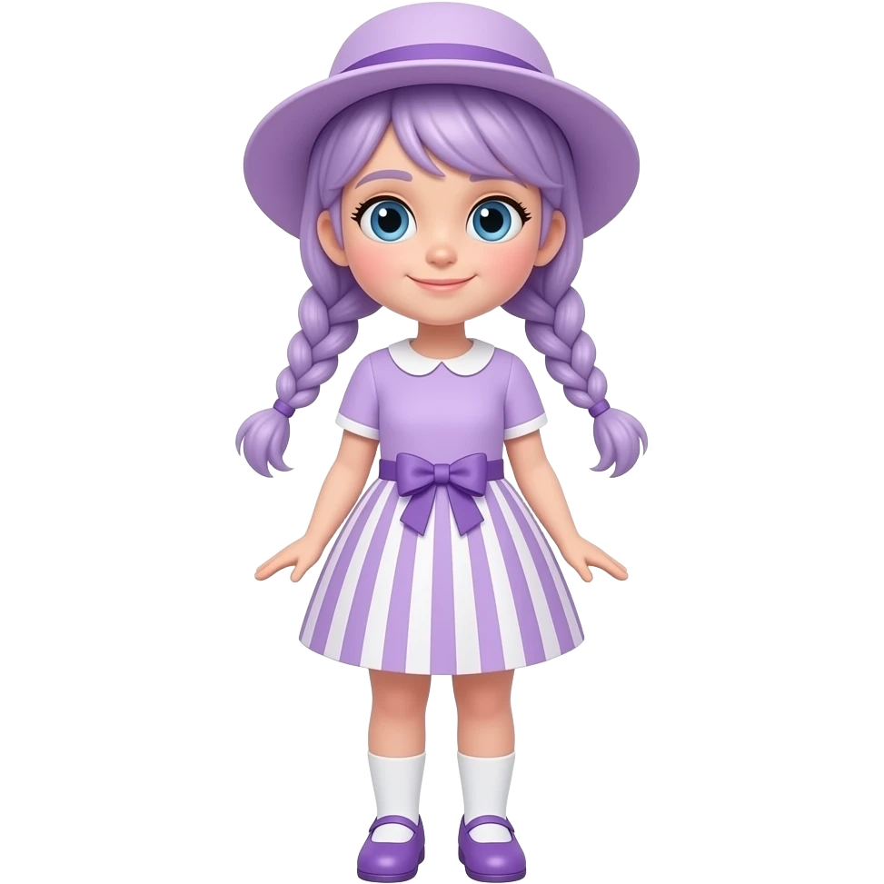 A white/fair skinned girl with pale purple hair tied in two braids, and blue eyes and wearing a pale purple dress with a pale purple and white striped skirt with a matching bow), a pale purple sun hat, white socks and pale purple shoes. emoji
