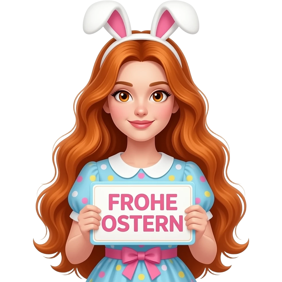 sexy girl with overlong ginger hair and ginger eyes wearing a easter dress holding a FROHE OSTERN sign emoji