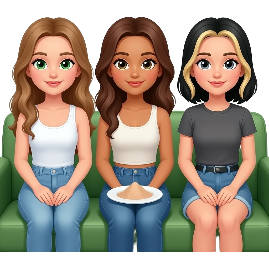 Three girls sitting on a green sofa with white powder on a plate on her lap. One brownish blonde hair long and green eyes with white tank top, one brunette, and one black hair with blonde highlights emoji