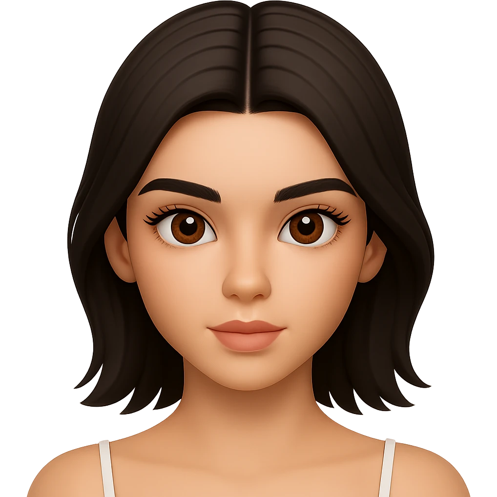 Edit the female face with short dark hair, center part, brown eyes in Apple emoji style with a 3D look and soft shading. Create a neutral expression. Transparent background. emoji