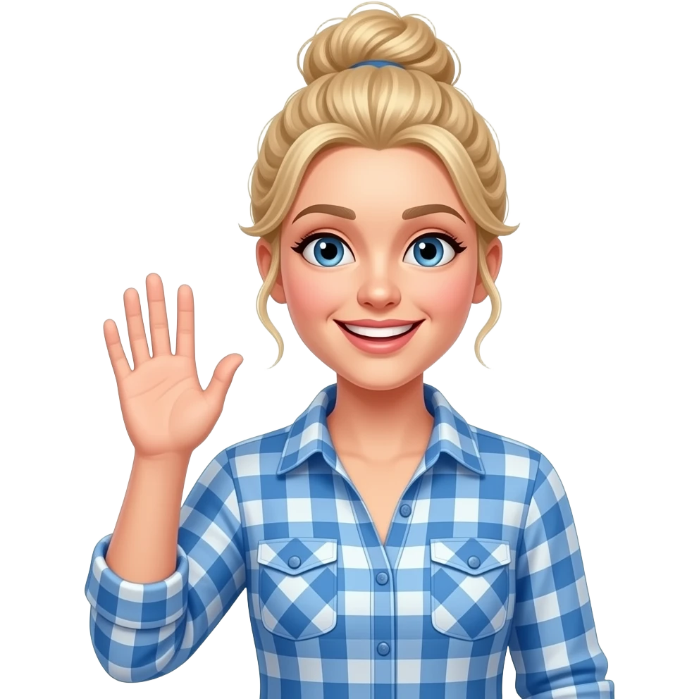 Blonde woman wearing hair up in a messy bun wearing a blue plaid shirt unbuttoned waving hi emoji
