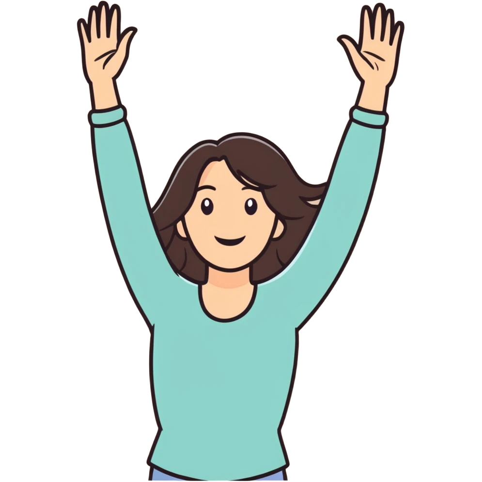 Mulher de cabelo longo e castanho escuro feliz e animada, com os braços para cima emoji