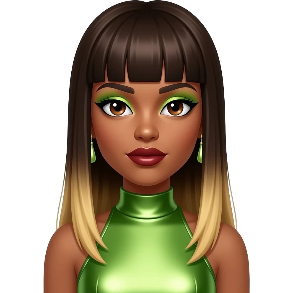 Shamari Fears from Blaque with dark brown eyes, long dark brown straight bang hair with blonde ombre, lime eyeshadow, dark red lipstick, lime green metallic high neck dress, earrings emoji