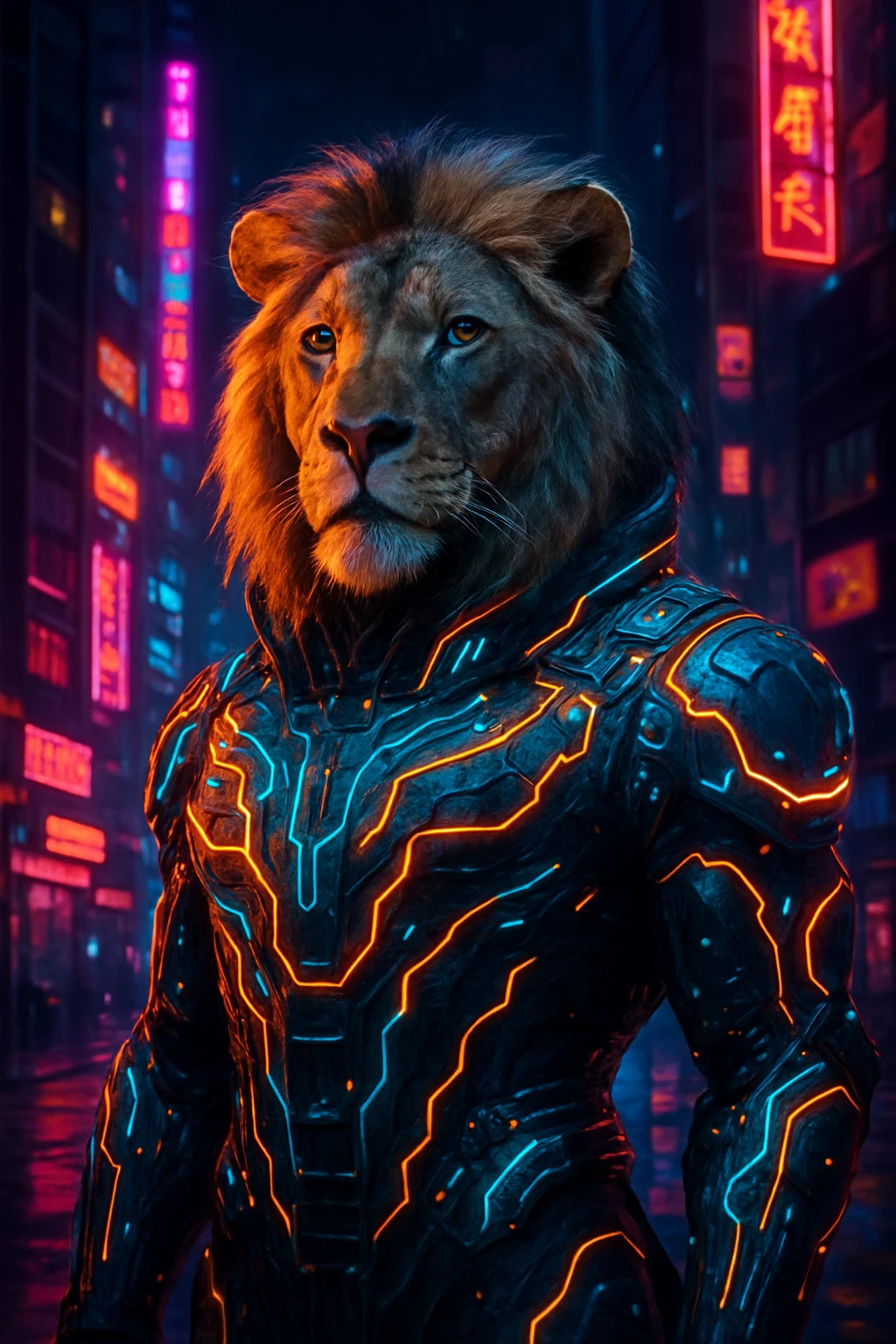 a lion in a cyberpunk suit with glowing circuitry, urban night vibe, cyberpunk aesthetic, neon lights emoji