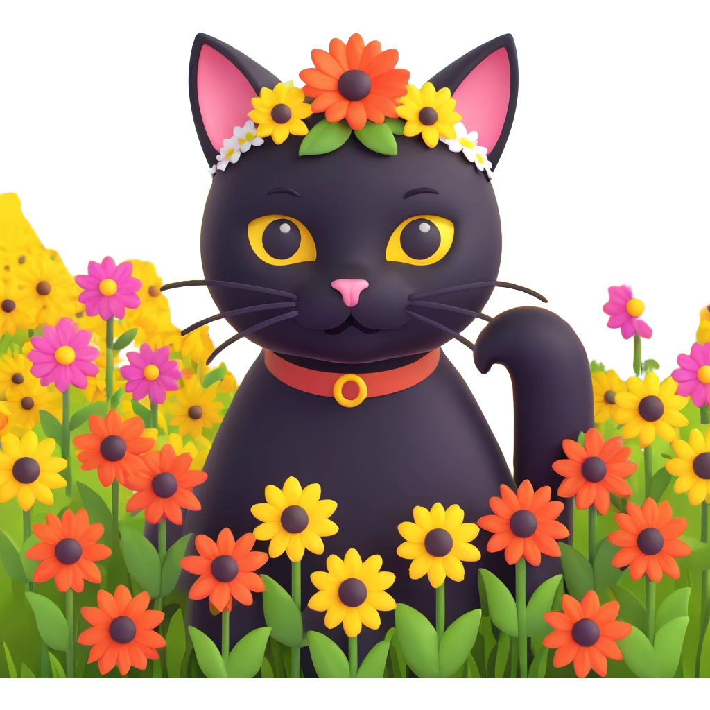 a black cat with a flower on its head in a field of flowers, monochrome emoji