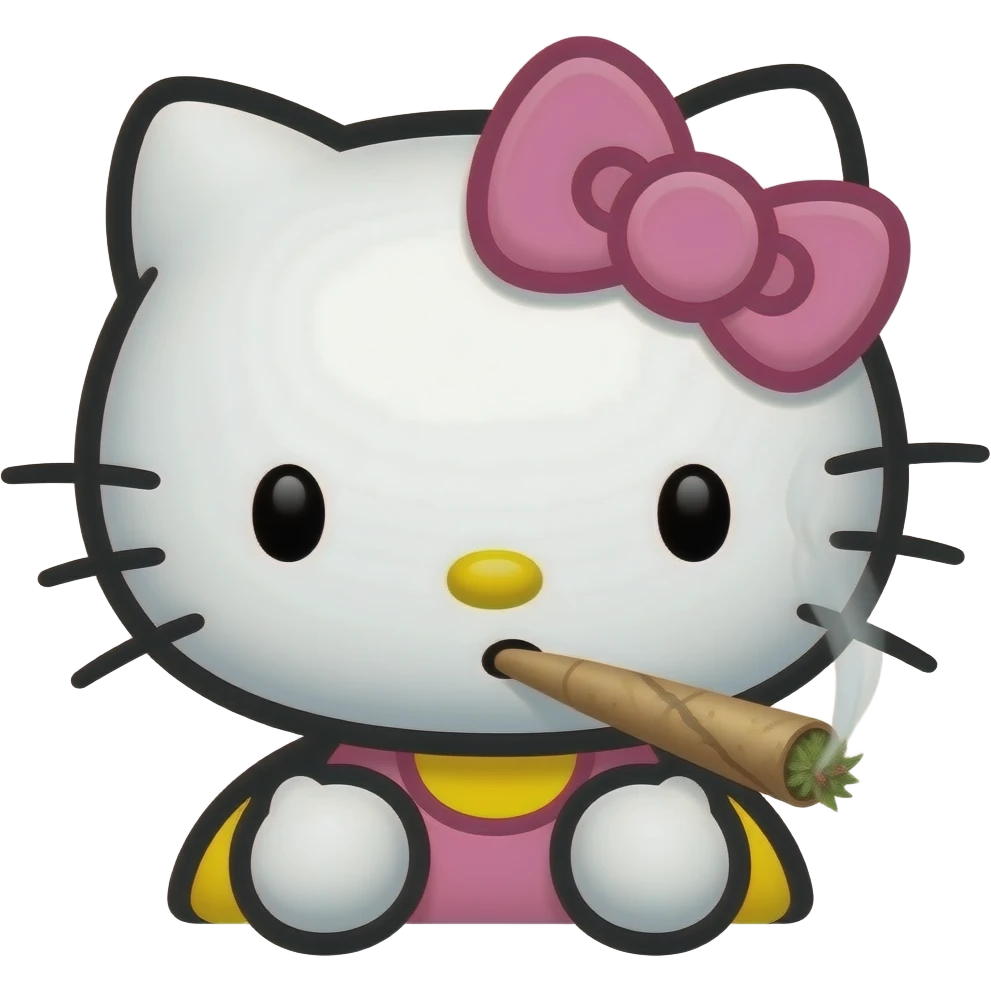 Hello kitty with light pink bow smoking a rolled marijuana blunt emoji