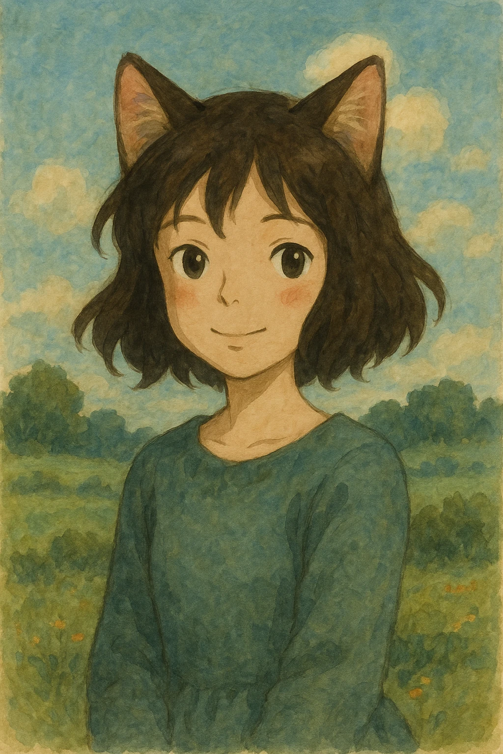 cat girl, soft painterly look, whimsical, cat ears, gentle smile emoji