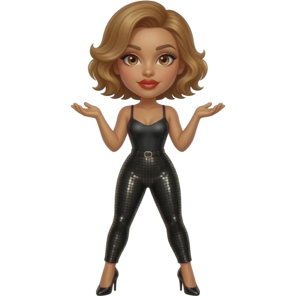 glamours,-tanned,-very-beautiful-woman-with-big-plump-red-lips,-long-long-lashes,-honey-silky-very short- hair,-wavy-hair,-hazel-eyes- wearing-black-bodysuit-and-black-sequinned-pants-black-stilettos-and-arms-shrugging-waist-up emoji
