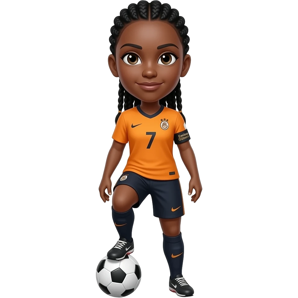 Futbol kaptanı amerikan futbolu değil kaptan bandı ekle kız olsun saçı siyah olsun ayağında top olsun forma turuncu üstünde nike ve arma mavi daire olsun emine gönen yazsın yan dursun arma görünmesin 7 numara saçı örgü emoji