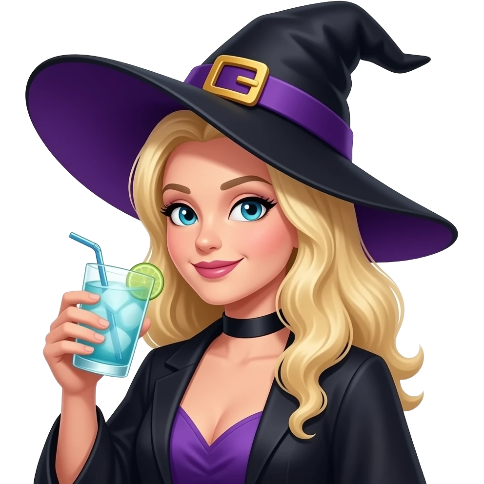 blonde witch drinking gin and tonic, purple and black outfit emoji