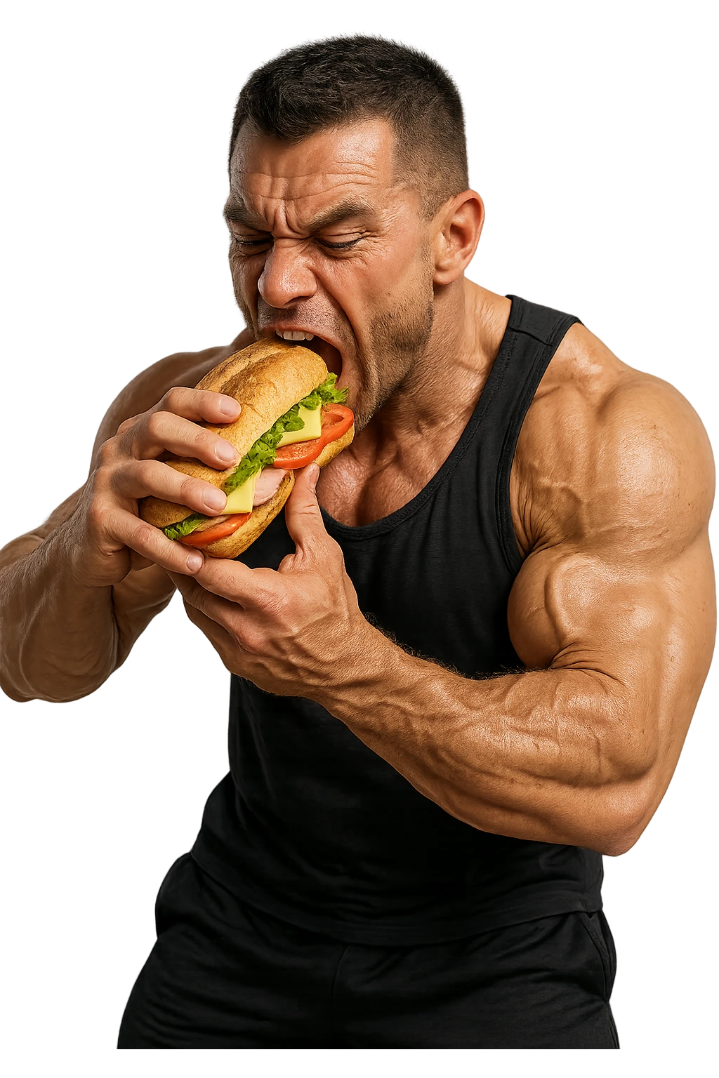 bodybuilder che mangia affamato un panino, iperrealistico 4k emoji