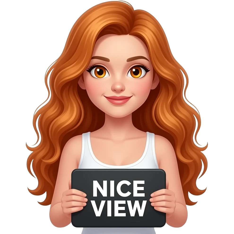 sexy girl with long wavy ginger hair and ginger eyes wearing a white tanktop is holding a black colored sign with NICE VIEW written on it emoji