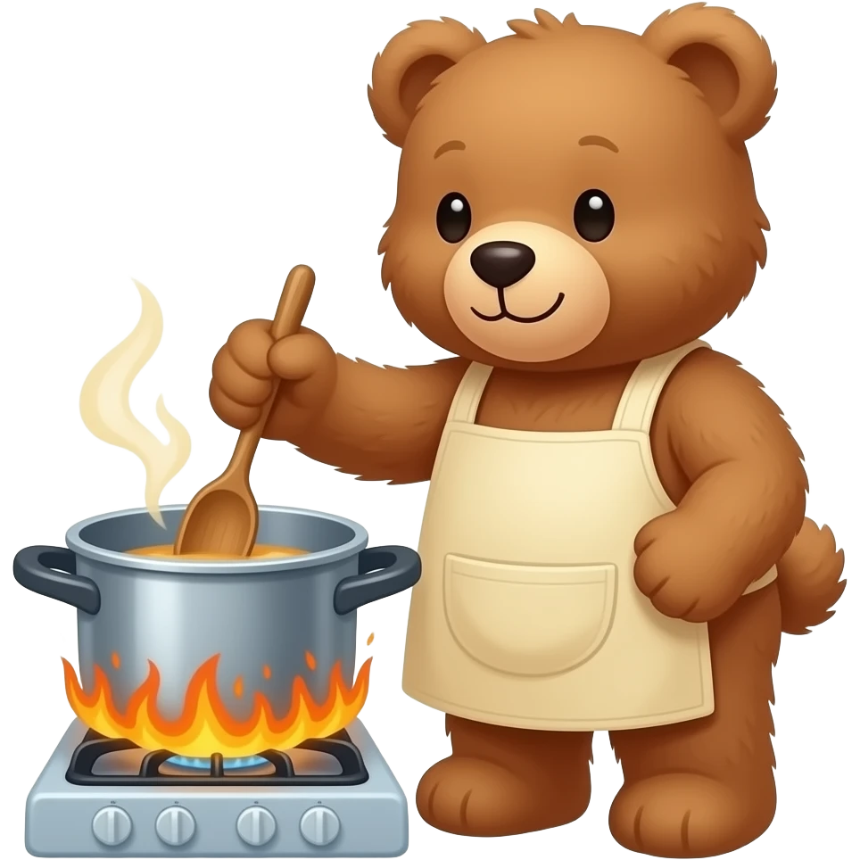 a teddy bear working with a warm pot on a stove emoji