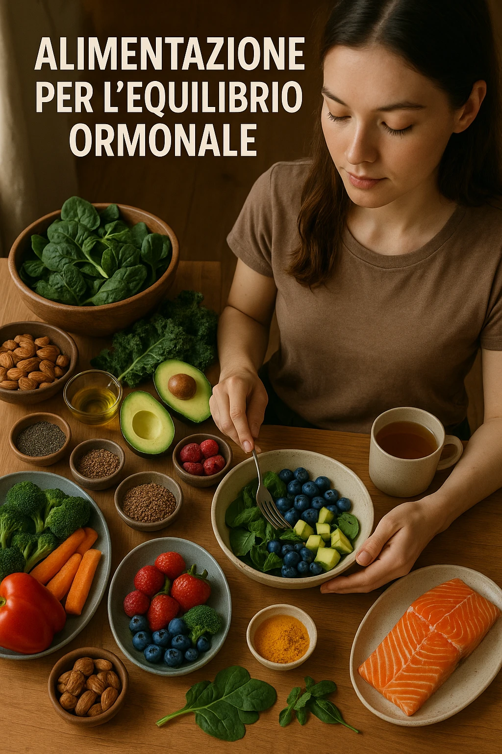 A realistic, cinematic flat-lay image of a clean wooden kitchen table filled with fresh, colorful whole foods known to help reduce androgen excess naturally. The table includes leafy greens like spinach and kale, avocados, berries, colorful vegetables, nuts, seeds (chia and flaxseeds), wild-caught salmon, and herbal teas, carefully arranged in an aesthetically pleasing, organized manner. A small glass bowl with olive oil and another with turmeric powder are included, emphasizing anti-inflammatory properties. In the scene, a young woman with clear, healthy skin and a calm expression is preparing a bowl with these ingredients, symbolizing a hormone-balancing diet. Warm, natural daylight streams in, creating a cozy and inviting atmosphere. The style is hyper-realistic 35mm photography, with vibrant yet soft colors, showcasing textures of the fresh produce and the peaceful vibe of using nutrition to support hormonal balance in italiano emoji