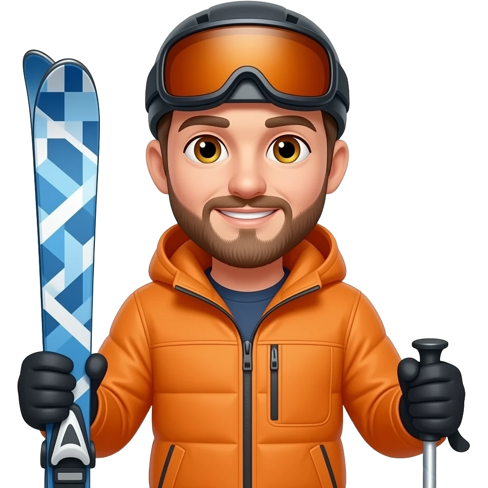 man, no beard, holding blue and white patterned skis in one hand and poles in the other, no beard, no helment, hazel eyes, organge jacket, emoji