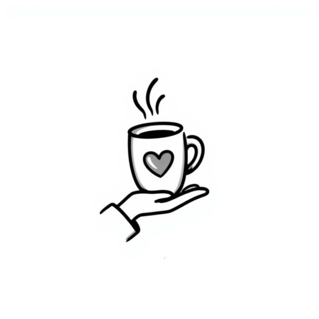 hand-drawn doodle of a coffee cup with steam, black ink, Notion style emoji