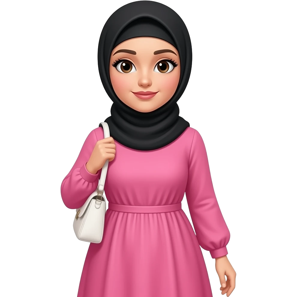 Curvy woman with pink maxi dress long sleeves, wearing a black hijab withblack hair showing at the front, she has white skin and black hair and  brown eyes holds a white purse and has long black eyelashes emoji