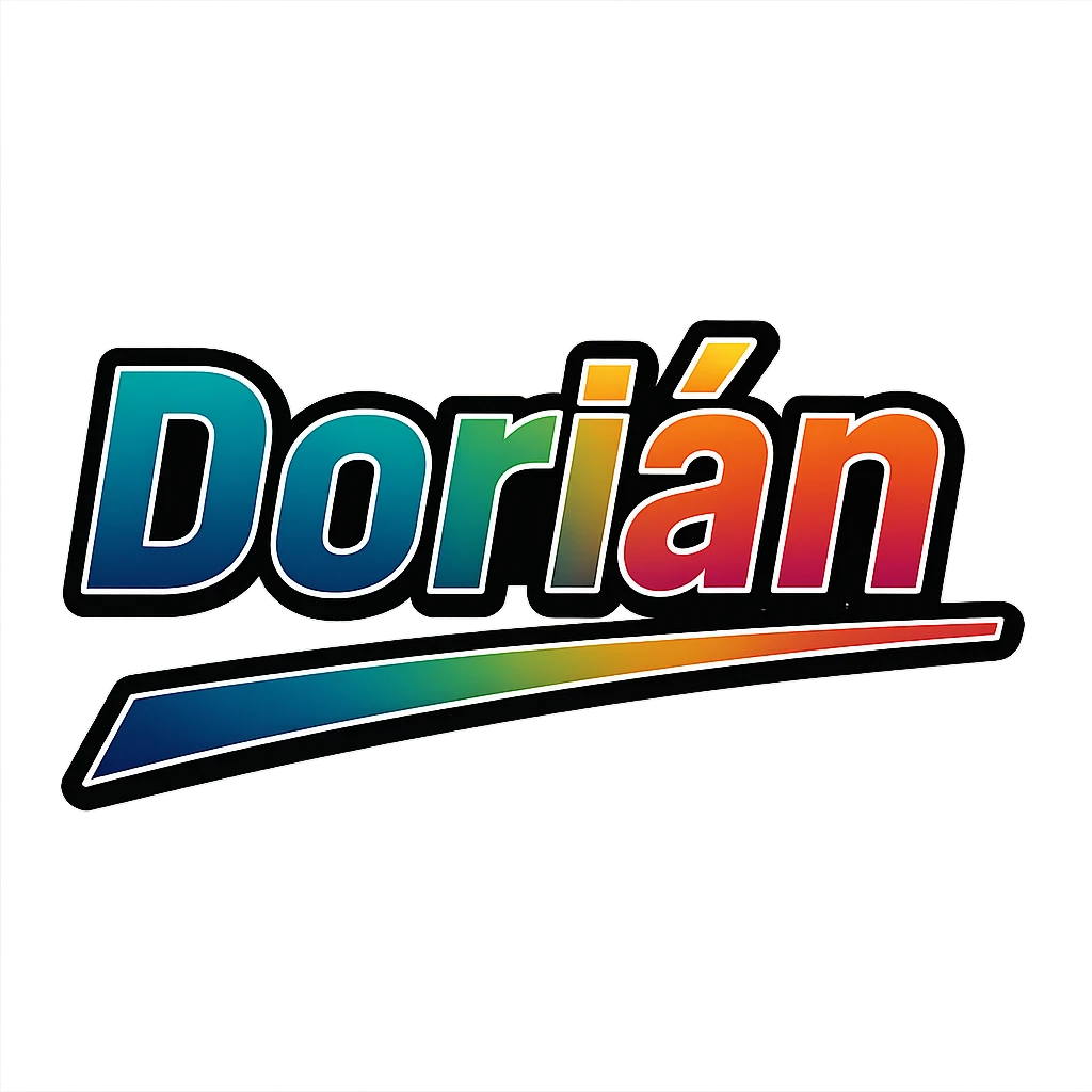 Dorián name in masculine, modern gradient font with precise Hungarian characters, dark outline, extra thick, prominent white letter border, dynamic slanted underline, rainbow gradient colors, 1000x1000 px, PNG, transparent background emoji