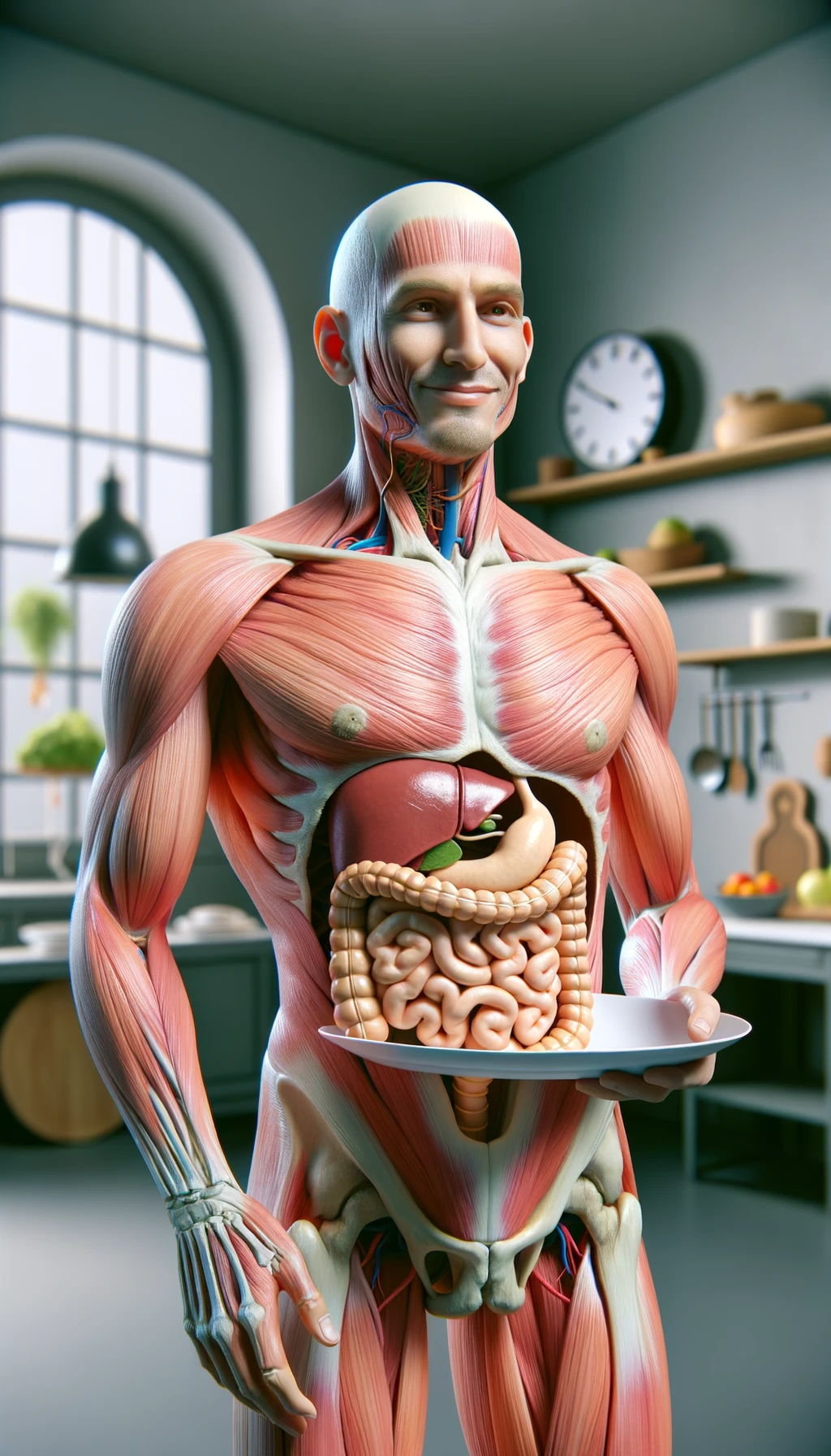 corpo umano anatomico con colori realistici e intestino in evidenza, che tiene in mano un piatto bianco con la lancette di un orologio sopra, figura visibile fino ai fianchi, espressione del volto soddisfatta, sullo sfondo la sua cucina sfocata con toni chiari neutri, iperrealistico 4k emoji